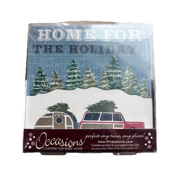 CHRISTMAS COASTERS SET 4 NEW THIRSTYSTONE OCCASIONS HOME FOR HOLIDAYS CAMPER. - Picture 1 of 5
